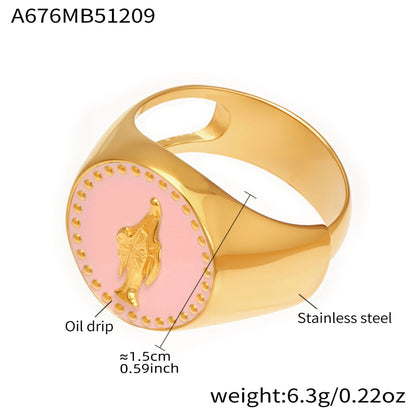 316L stainless steel pink enamel oil drip signet ring with 18K PVD gold plating, wholesale jewelry