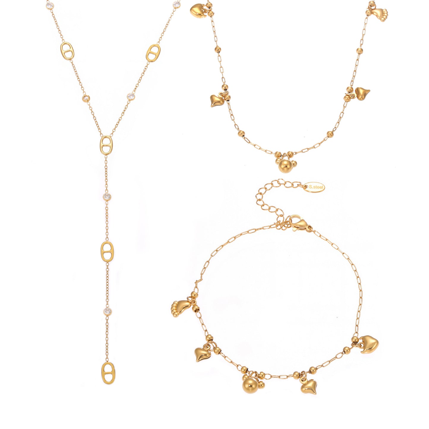 316L Stainless Steel Playful Bear & Elegant Y-Shape Tassel Necklace, Bracelet & Anklet - Image 4