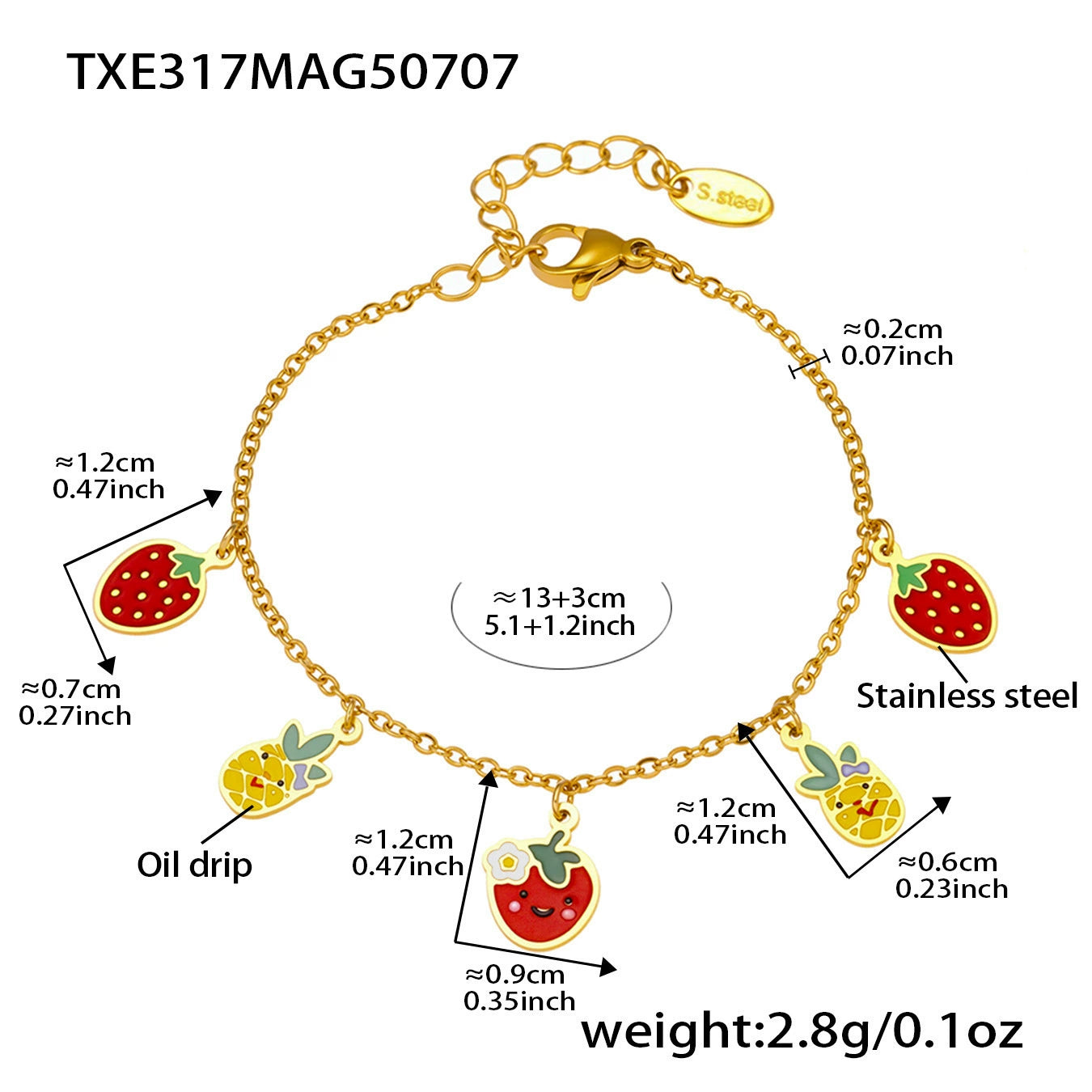 316L Stainless Steel Playful Enamel Strawberry Pineapple Charm Jewelry Set - Image 2