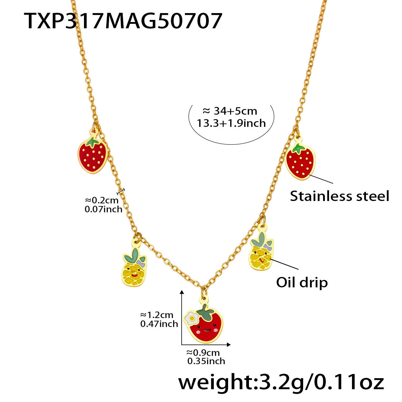 316L Stainless Steel Playful Enamel Strawberry Pineapple Charm Jewelry Set - Image 3