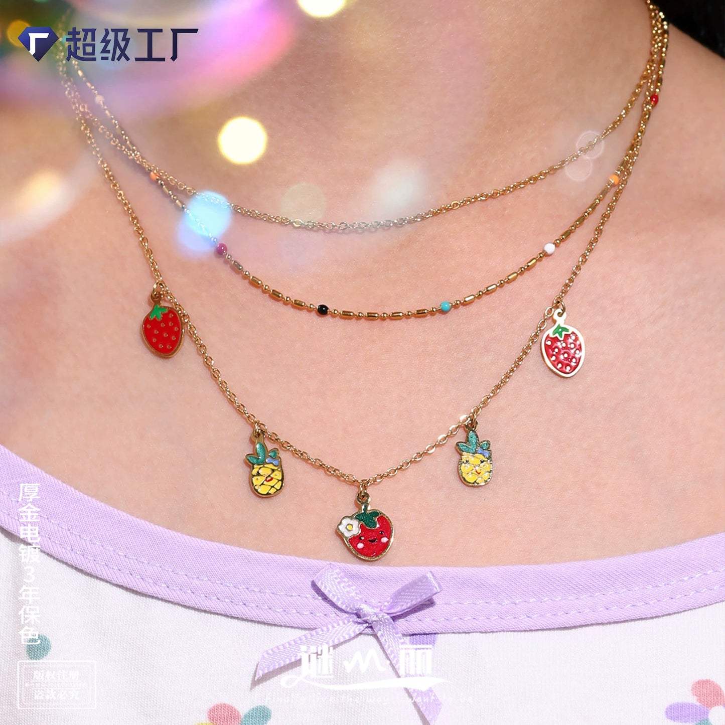 316L Stainless Steel Playful Enamel Strawberry Pineapple Charm Jewelry Set - Image 4