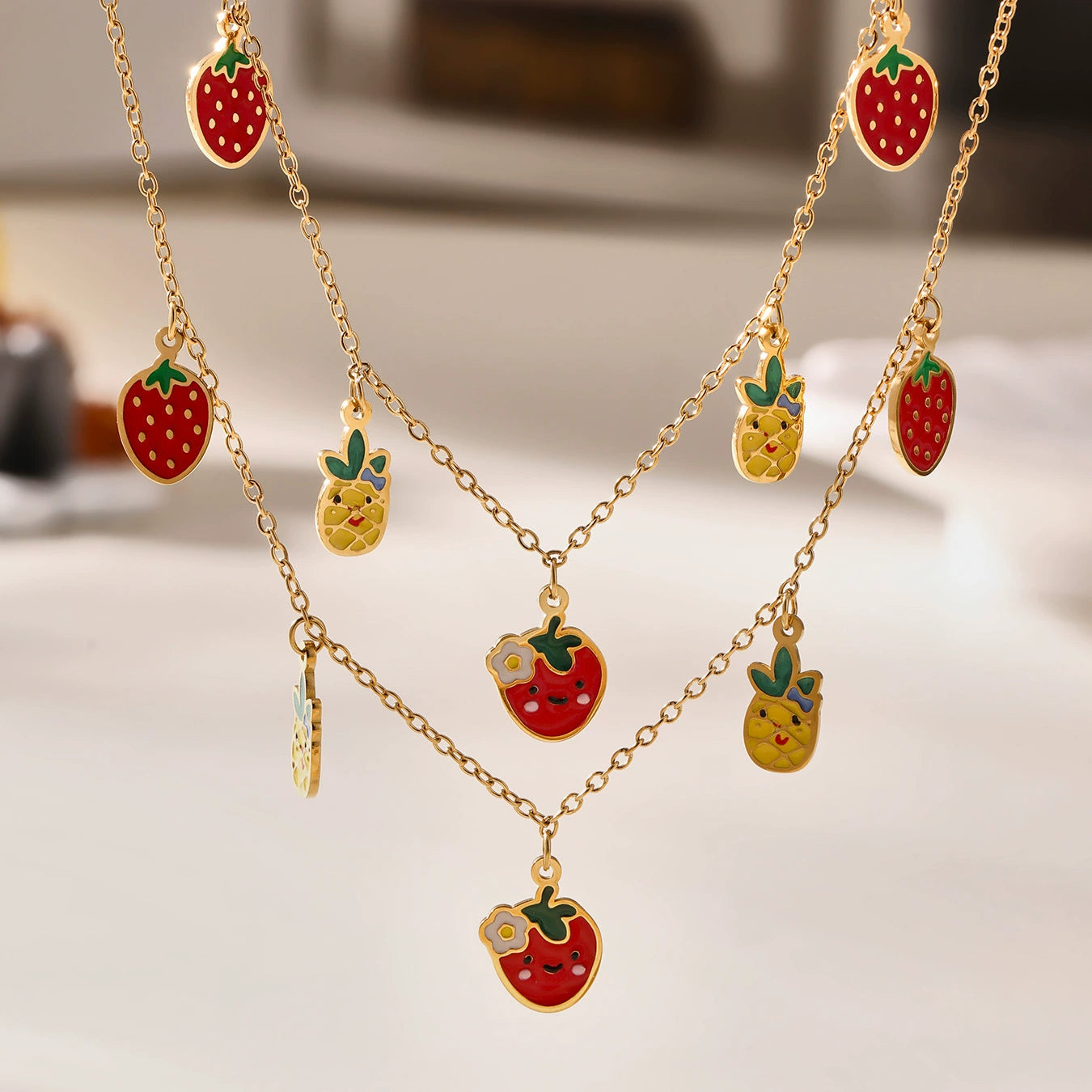 316L Stainless Steel Playful Enamel Strawberry Pineapple Charm Jewelry Set - Image 5