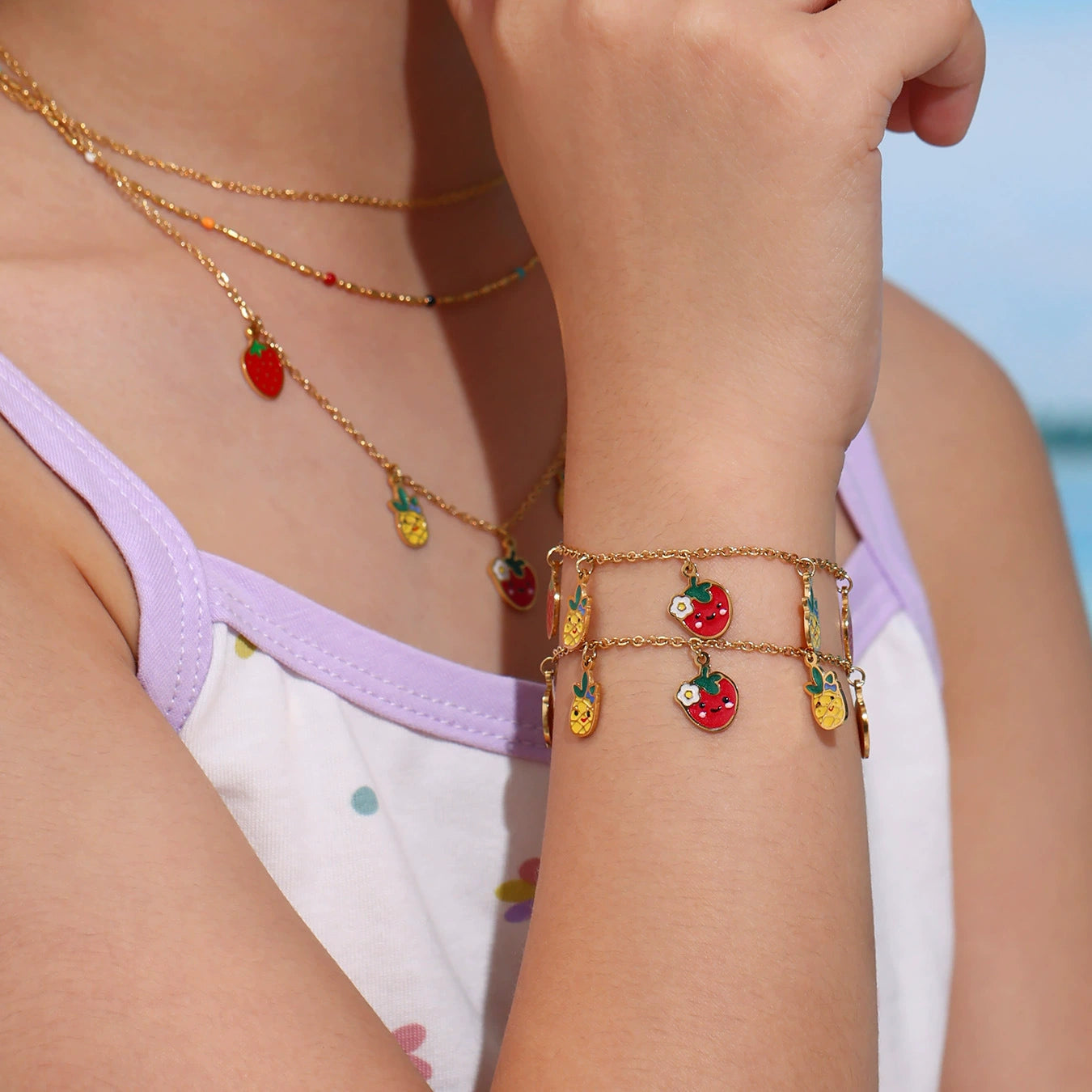 316L Stainless Steel Playful Enamel Strawberry Pineapple Charm Jewelry Set - Image 6