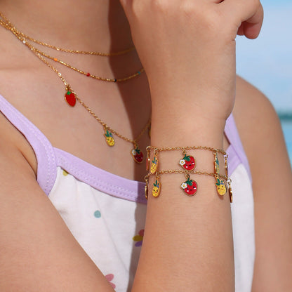316L Stainless Steel Playful Enamel Strawberry Pineapple Charm Jewelry Set - Image 6
