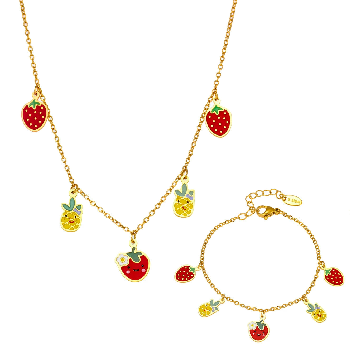 316L Stainless Steel Playful Enamel Strawberry Pineapple Charm Jewelry Set - Image 8