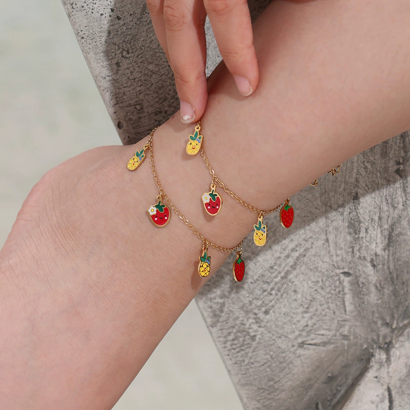 316L Stainless Steel Playful Enamel Strawberry Pineapple Charm Jewelry Set - Image 9