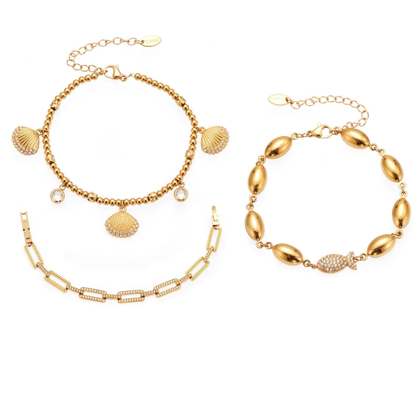 316L Stainless Steel Polished Hollow Oval Fish Link Bracelet with Zircon - Image 10