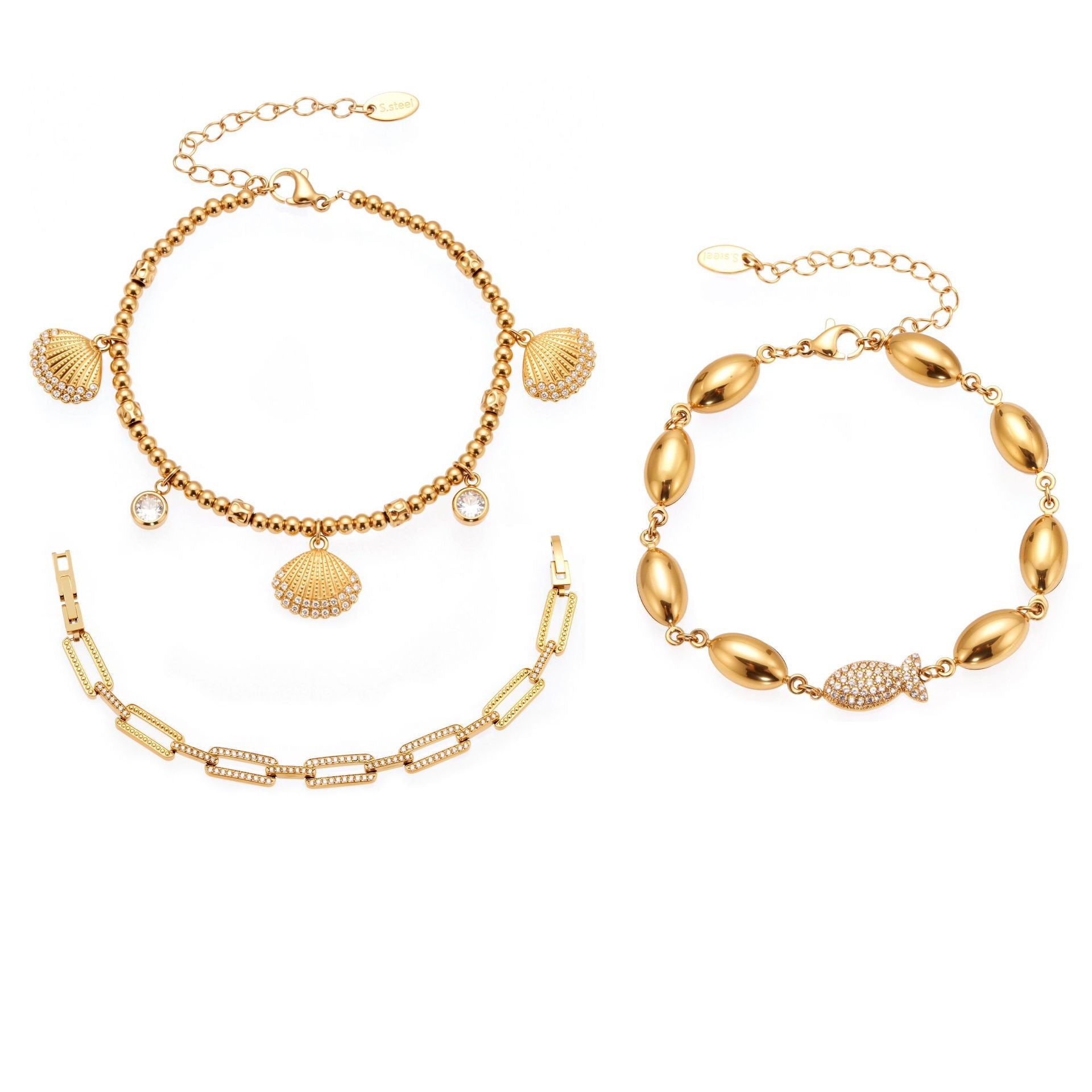 316L Stainless Steel Polished Hollow Oval Fish Link Bracelet with Zircon - Image 10