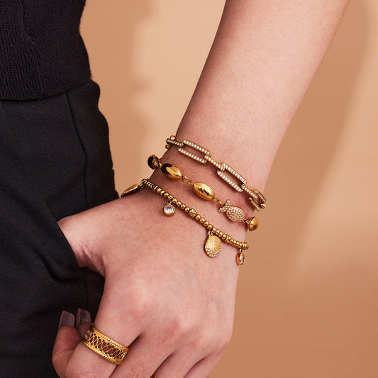 316L Stainless Steel Polished Hollow Oval Fish Link Bracelet with Zircon - Image 2