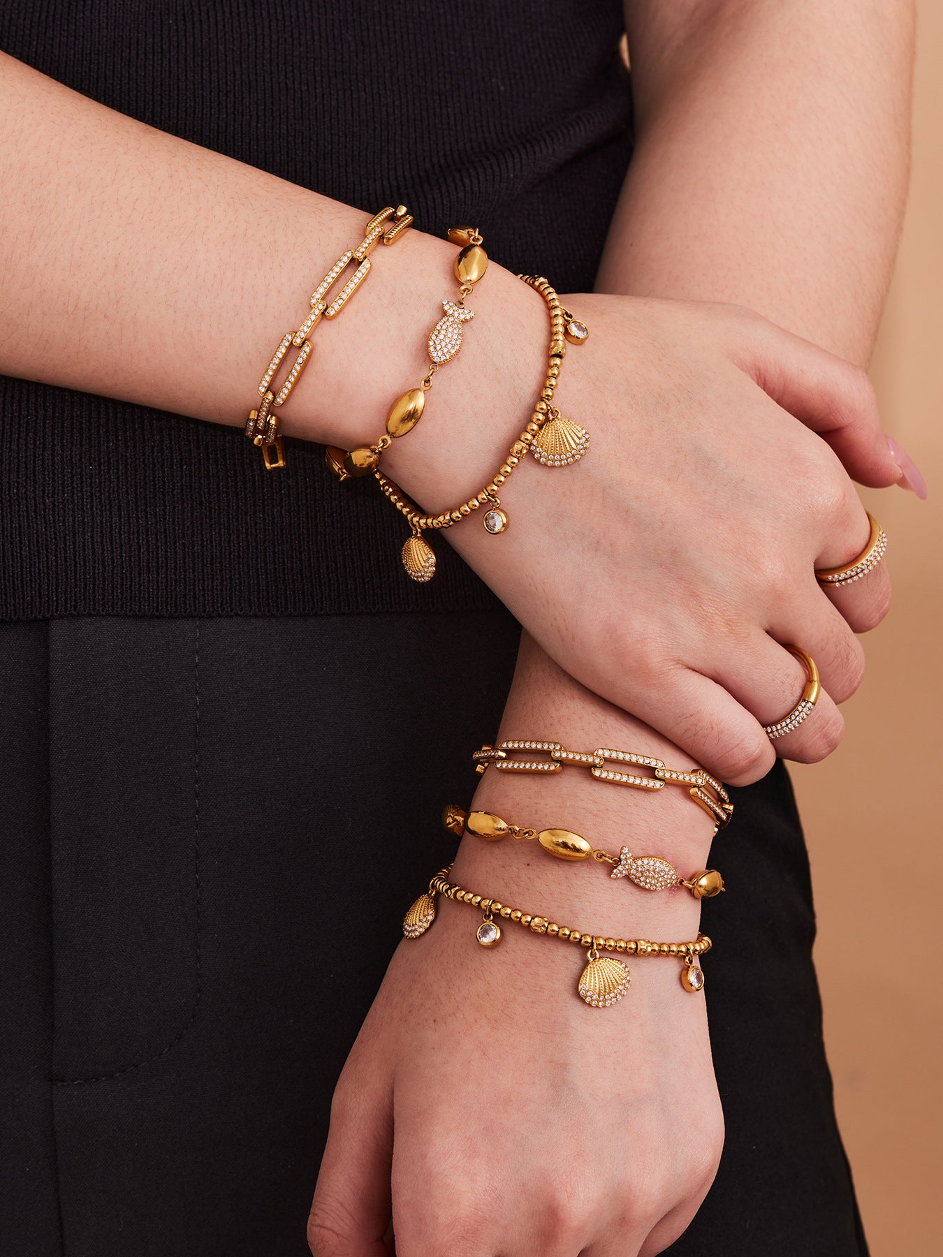 316L Stainless Steel Polished Hollow Oval Fish Link Bracelet with Zircon - Image 5