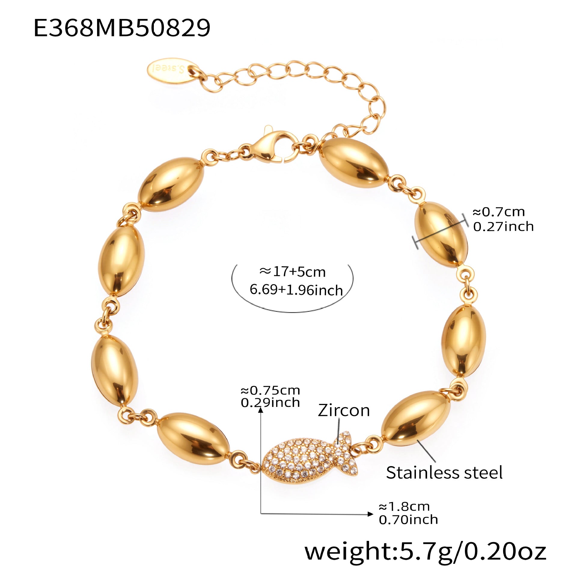 316L Stainless Steel Polished Hollow Oval Fish Link Bracelet with Zircon - Image 7