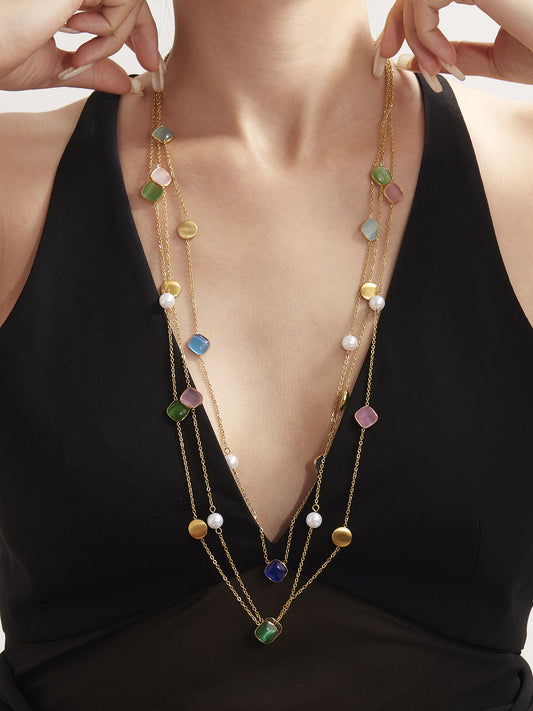 316L Stainless Steel PVD Gold Plated Candy-Colored Square Cat's Eye Stone Long Layering Necklace - Image 1