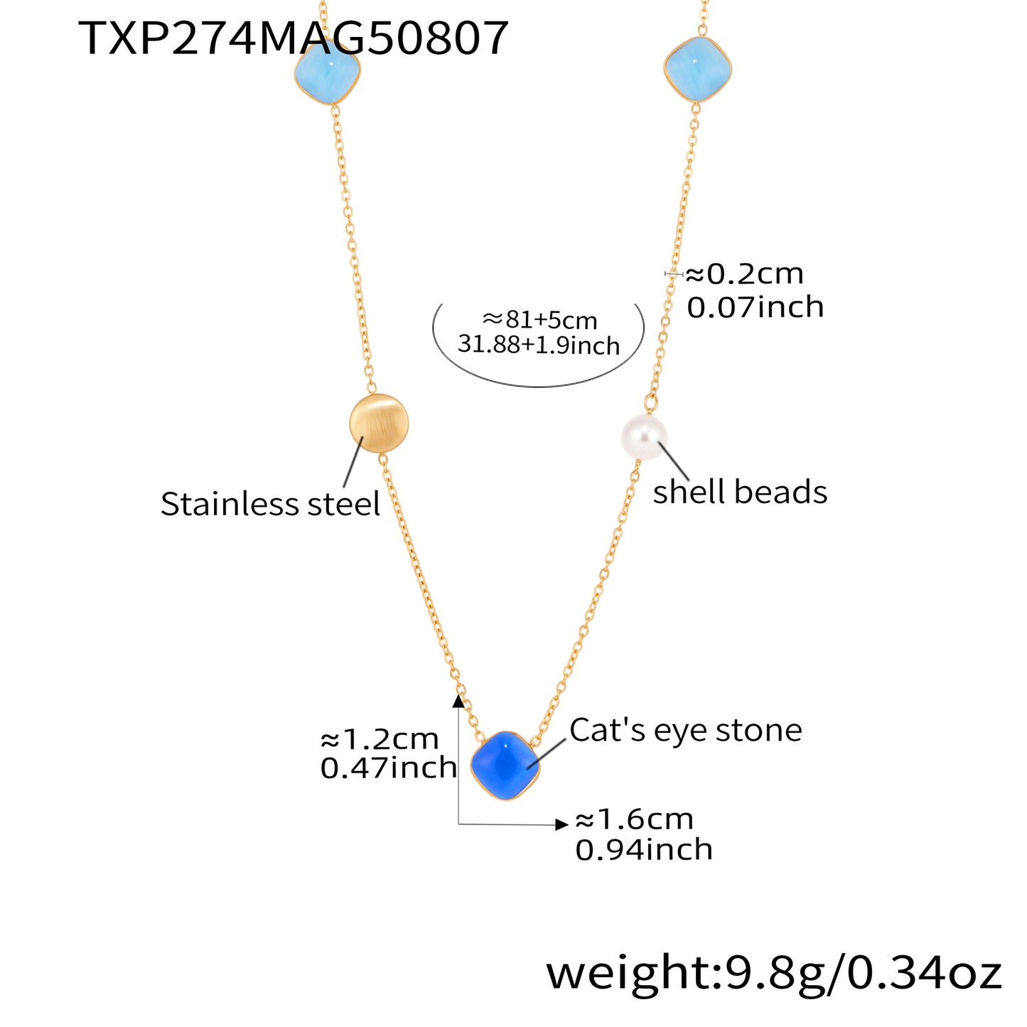 316L Stainless Steel PVD Gold Plated Candy-Colored Square Cat's Eye Stone Long Layering Necklace - Image 10
