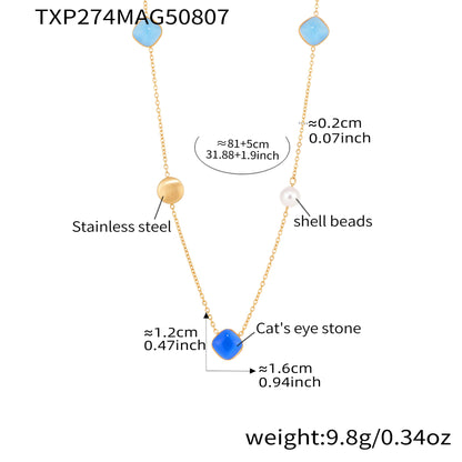 316L Stainless Steel PVD Gold Plated Candy-Colored Square Cat's Eye Stone Long Layering Necklace - Image 10