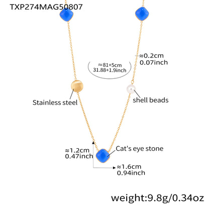 316L Stainless Steel PVD Gold Plated Candy-Colored Square Cat's Eye Stone Long Layering Necklace - Image 11