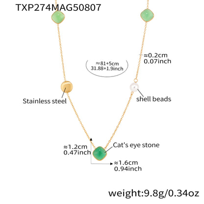 316L Stainless Steel PVD Gold Plated Candy-Colored Square Cat's Eye Stone Long Layering Necklace - Image 12