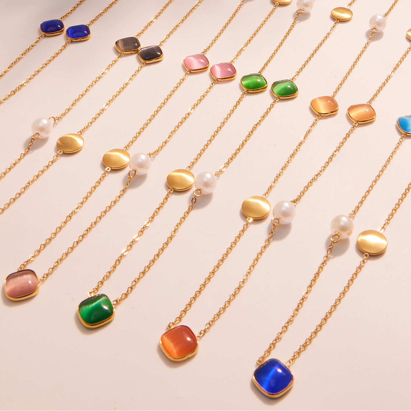 316L Stainless Steel PVD Gold Plated Candy-Colored Square Cat's Eye Stone Long Layering Necklace - Image 2