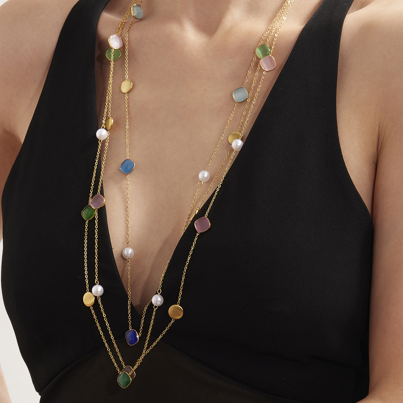 316L Stainless Steel PVD Gold Plated Candy-Colored Square Cat's Eye Stone Long Layering Necklace - Image 3