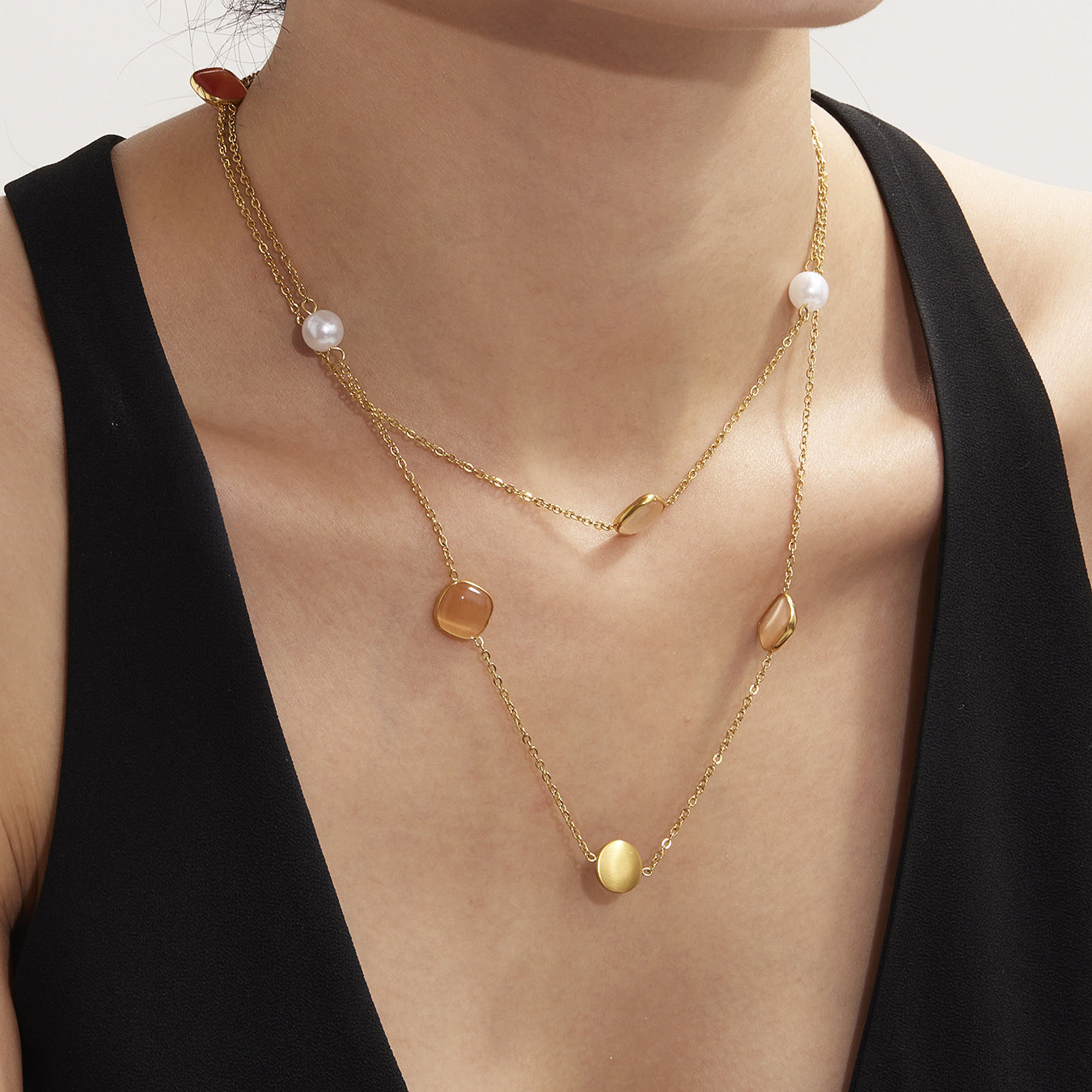 316L Stainless Steel PVD Gold Plated Candy-Colored Square Cat's Eye Stone Long Layering Necklace - Image 4