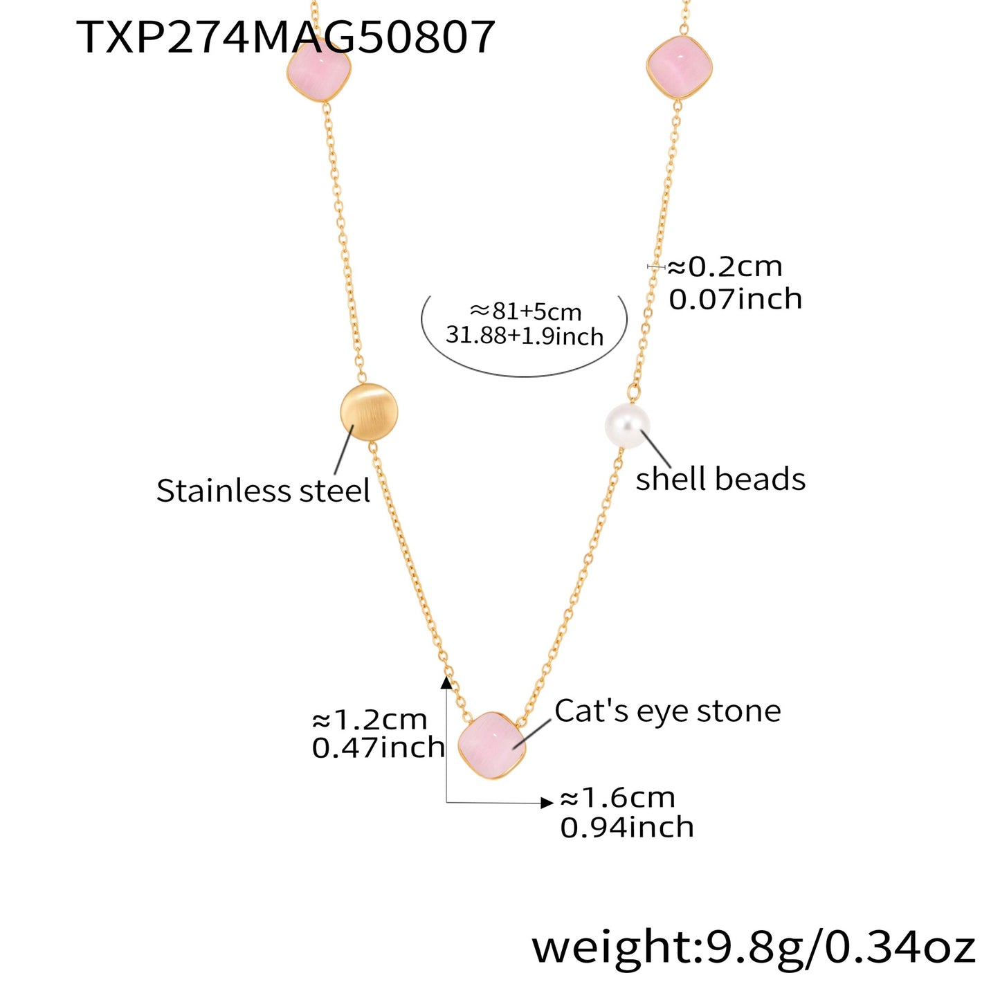 316L Stainless Steel PVD Gold Plated Candy-Colored Square Cat's Eye Stone Long Layering Necklace - Image 5