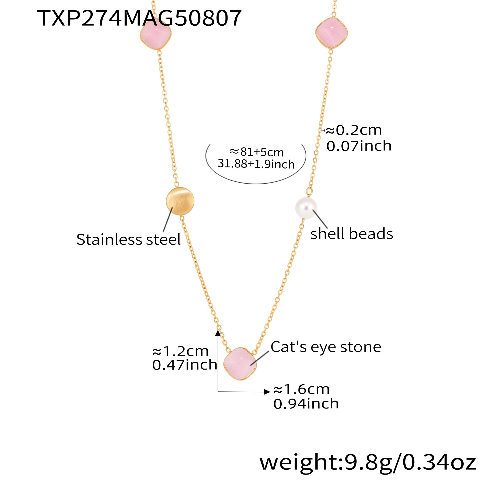 316L Stainless Steel PVD Gold Plated Candy-Colored Square Cat's Eye Stone Long Layering Necklace - Image 5