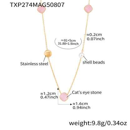 316L Stainless Steel PVD Gold Plated Candy-Colored Square Cat's Eye Stone Long Layering Necklace - Image 5