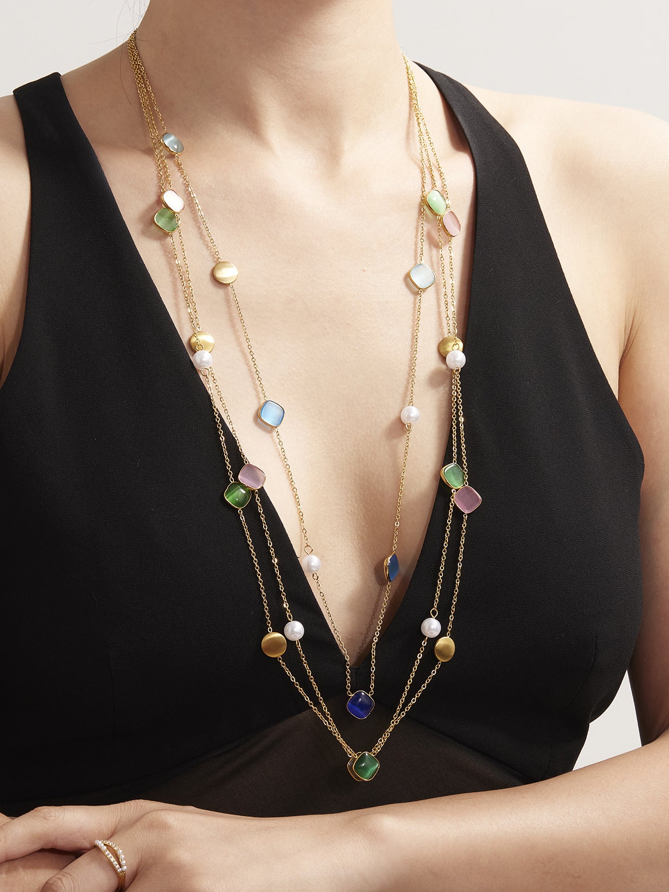 316L Stainless Steel PVD Gold Plated Candy-Colored Square Cat's Eye Stone Long Layering Necklace - Image 6