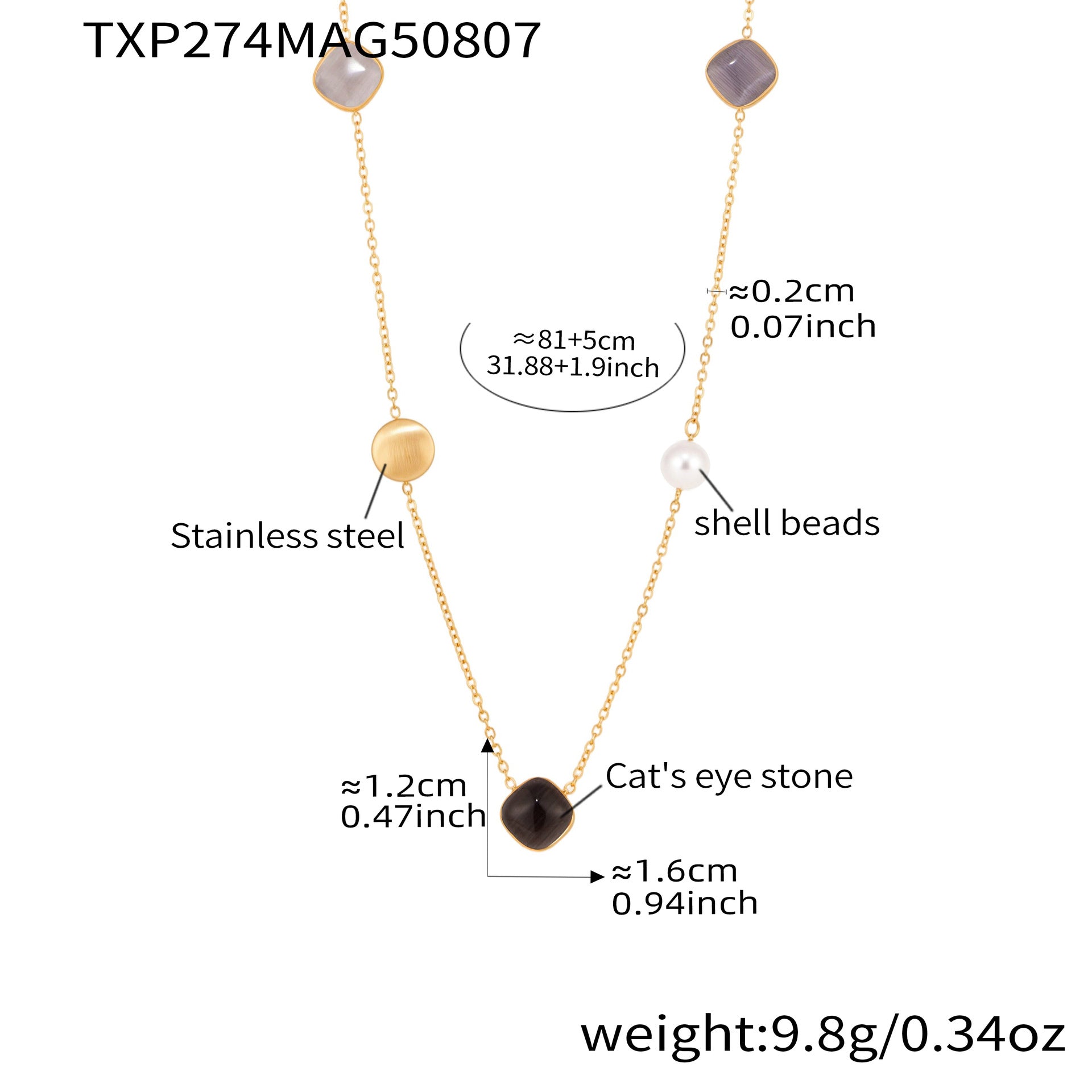 316L Stainless Steel PVD Gold Plated Candy-Colored Square Cat's Eye Stone Long Layering Necklace - Image 7