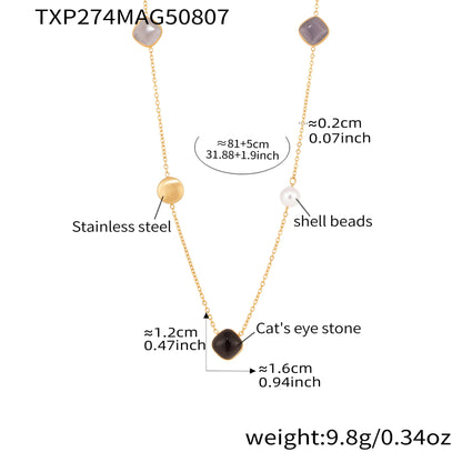 316L Stainless Steel PVD Gold Plated Candy-Colored Square Cat's Eye Stone Long Layering Necklace - Image 7