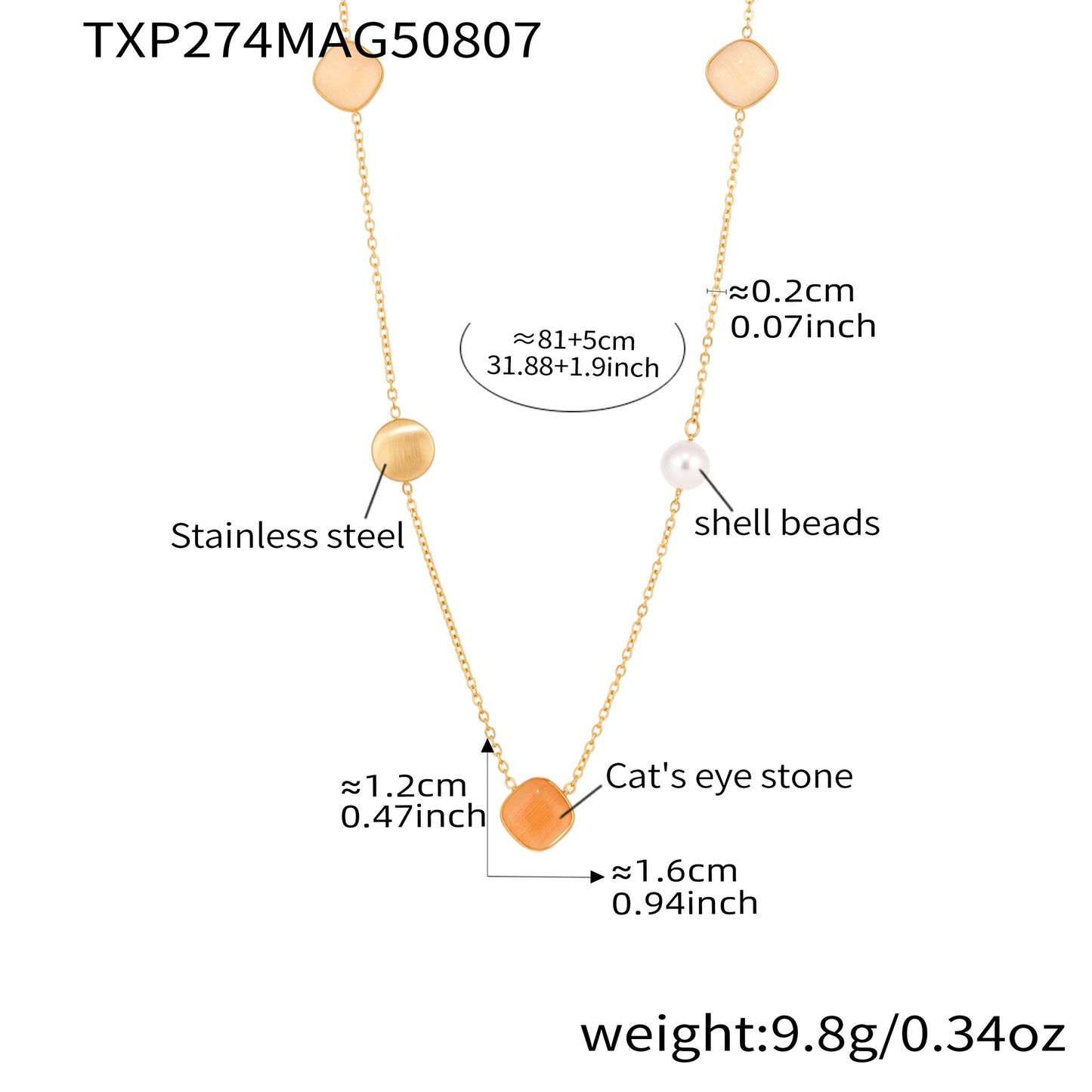 316L Stainless Steel PVD Gold Plated Candy-Colored Square Cat's Eye Stone Long Layering Necklace - Image 8