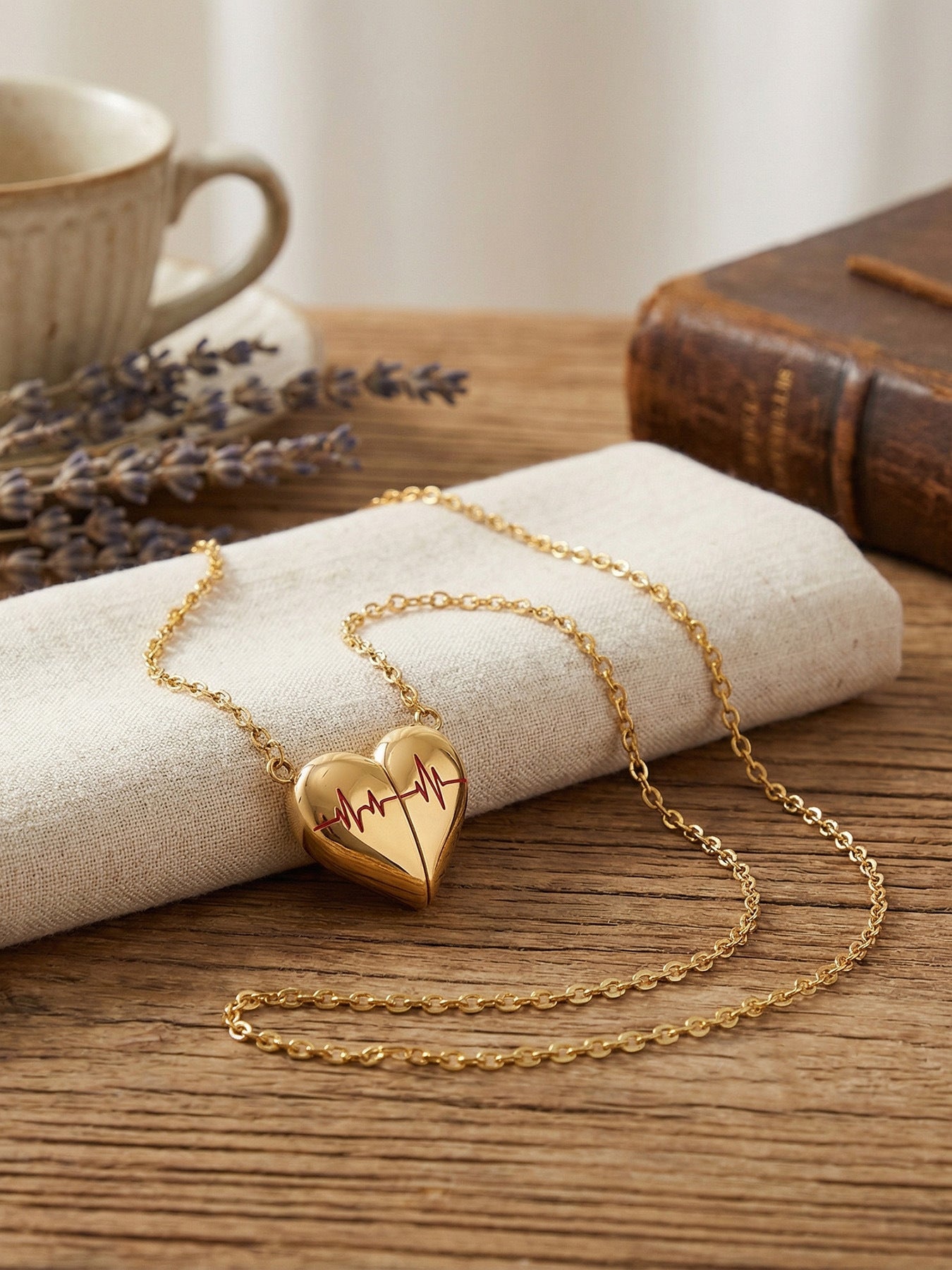 316L Stainless Steel PVD Gold Plated Heartbeat Love Pendant Necklace - Image 4