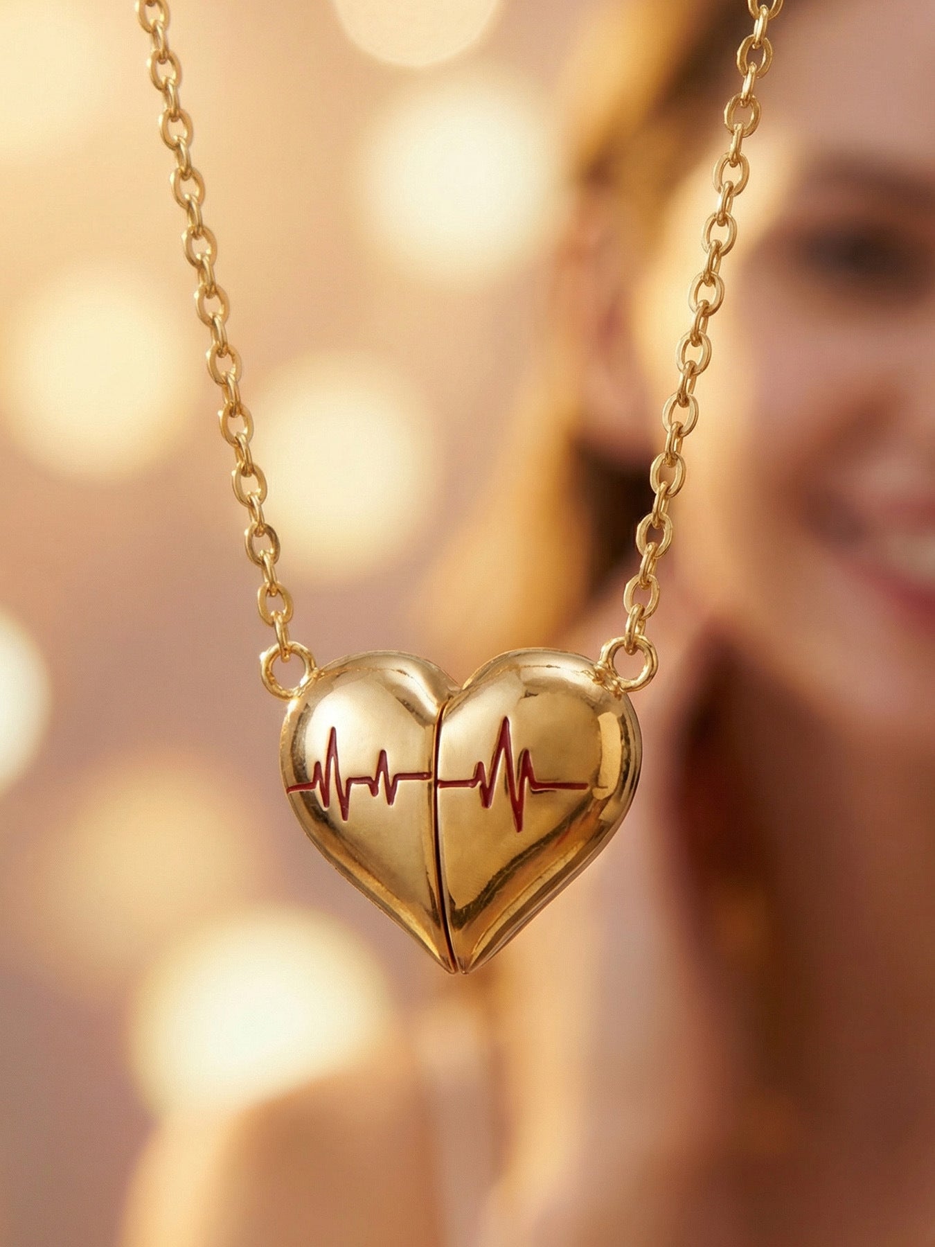 316L Stainless Steel PVD Gold Plated Heartbeat Love Pendant Necklace - Image 8