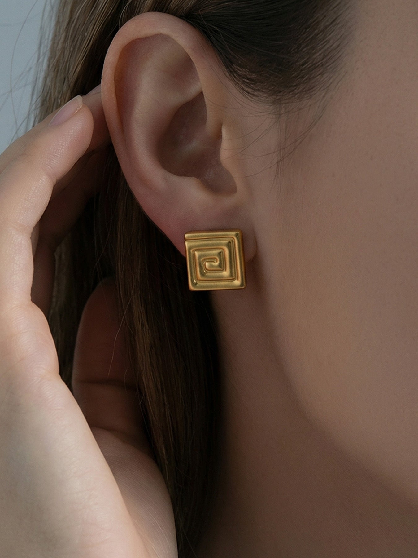 316L Stainless Steel PVD Gold Plated Minimalist Greek Key Stud Earrings - Image 1