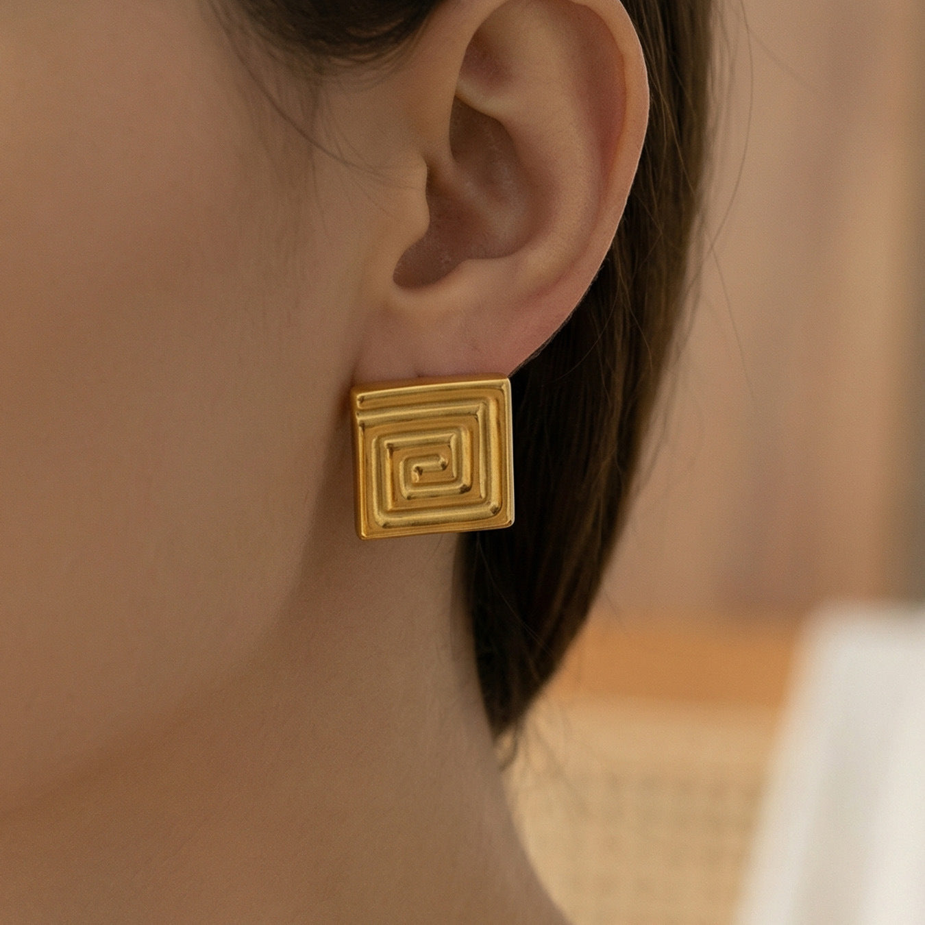 316L Stainless Steel PVD Gold Plated Minimalist Greek Key Stud Earrings - Image 2