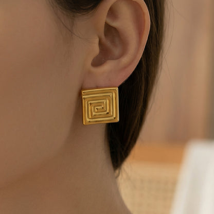 316L Stainless Steel PVD Gold Plated Minimalist Greek Key Stud Earrings - Image 2