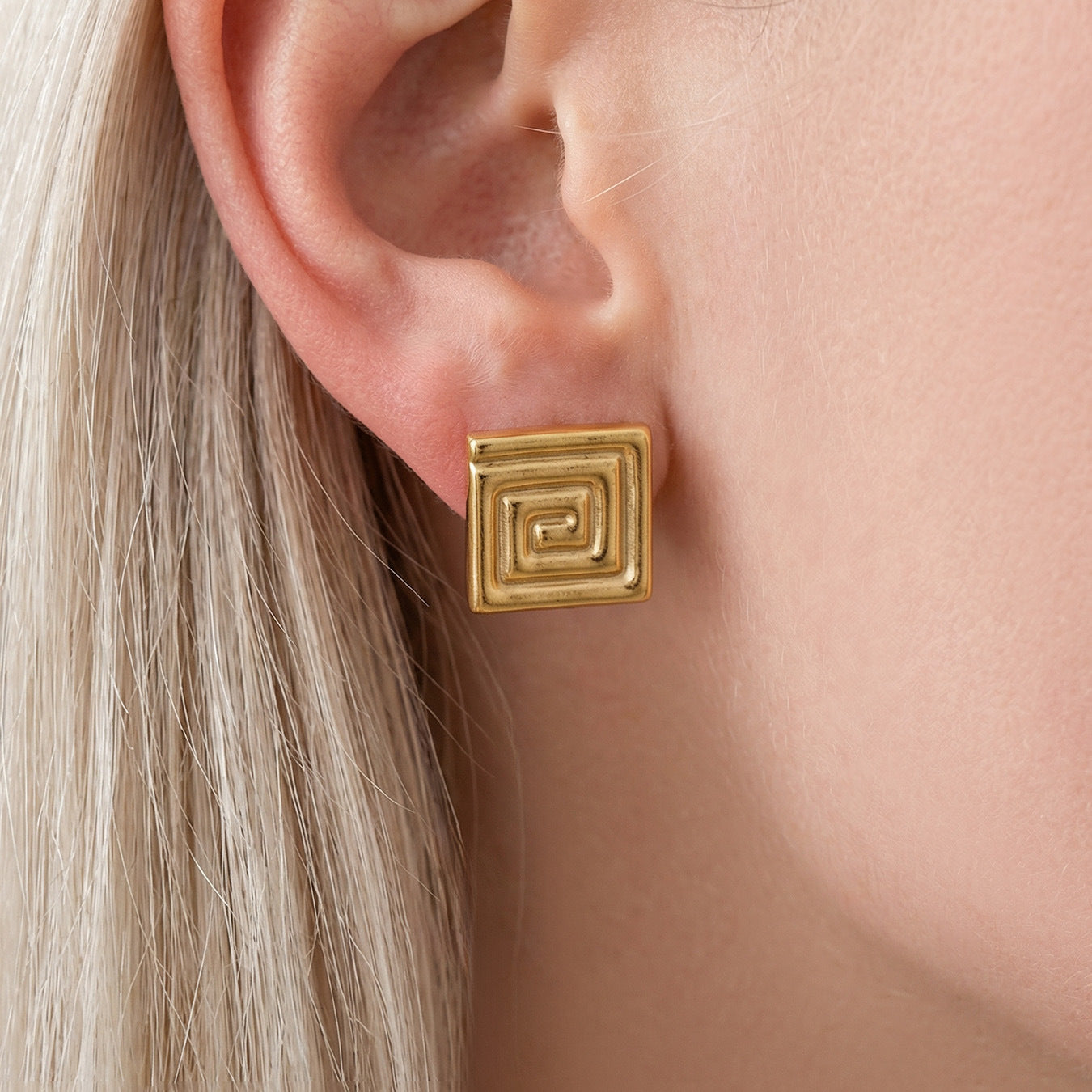 316L Stainless Steel PVD Gold Plated Minimalist Greek Key Stud Earrings - Image 6