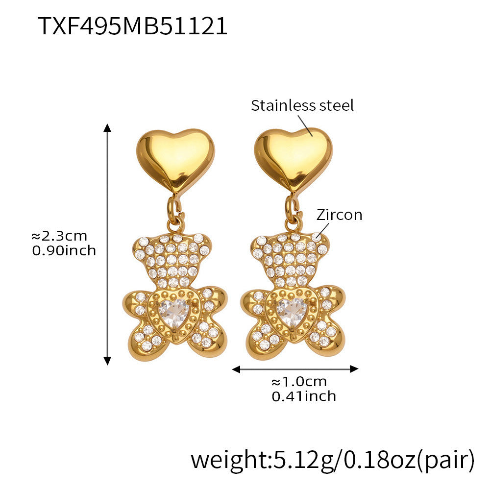 316L Stainless Steel PVD Gold Plated Zircon Bear Heart Pendant Bamboo Chain Jewelry Set - Image 1