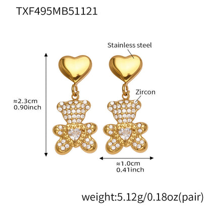 316L Stainless Steel PVD Gold Plated Zircon Bear Heart Pendant Bamboo Chain Jewelry Set - Image 1