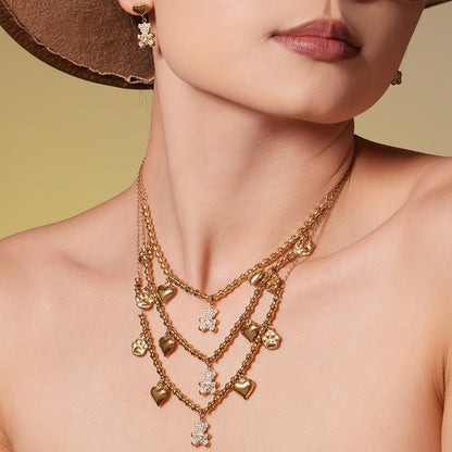 316L Stainless Steel PVD Gold Plated Zircon Bear Heart Pendant Bamboo Chain Jewelry Set - Image 2