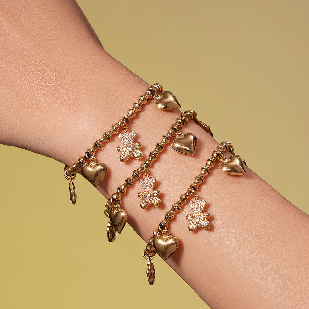 316L Stainless Steel PVD Gold Plated Zircon Bear Heart Pendant Bamboo Chain Jewelry Set - Image 3