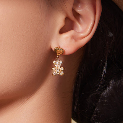 316L Stainless Steel PVD Gold Plated Zircon Bear Heart Pendant Bamboo Chain Jewelry Set - Image 4