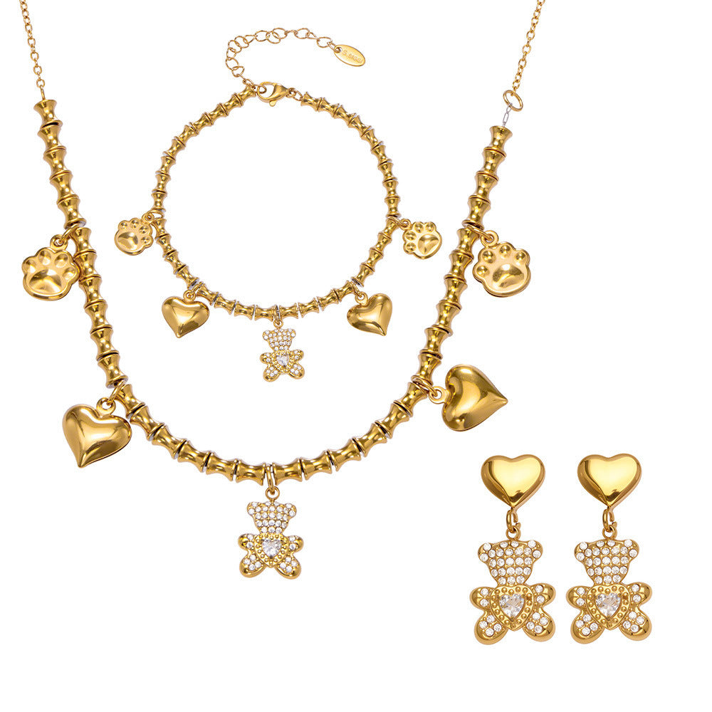 316L Stainless Steel PVD Gold Plated Zircon Bear Heart Pendant Bamboo Chain Jewelry Set - Image 5