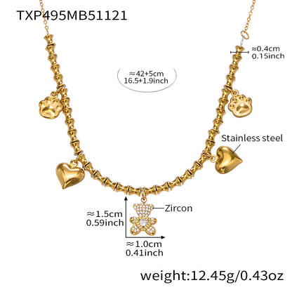 316L Stainless Steel PVD Gold Plated Zircon Bear Heart Pendant Bamboo Chain Jewelry Set - Image 6