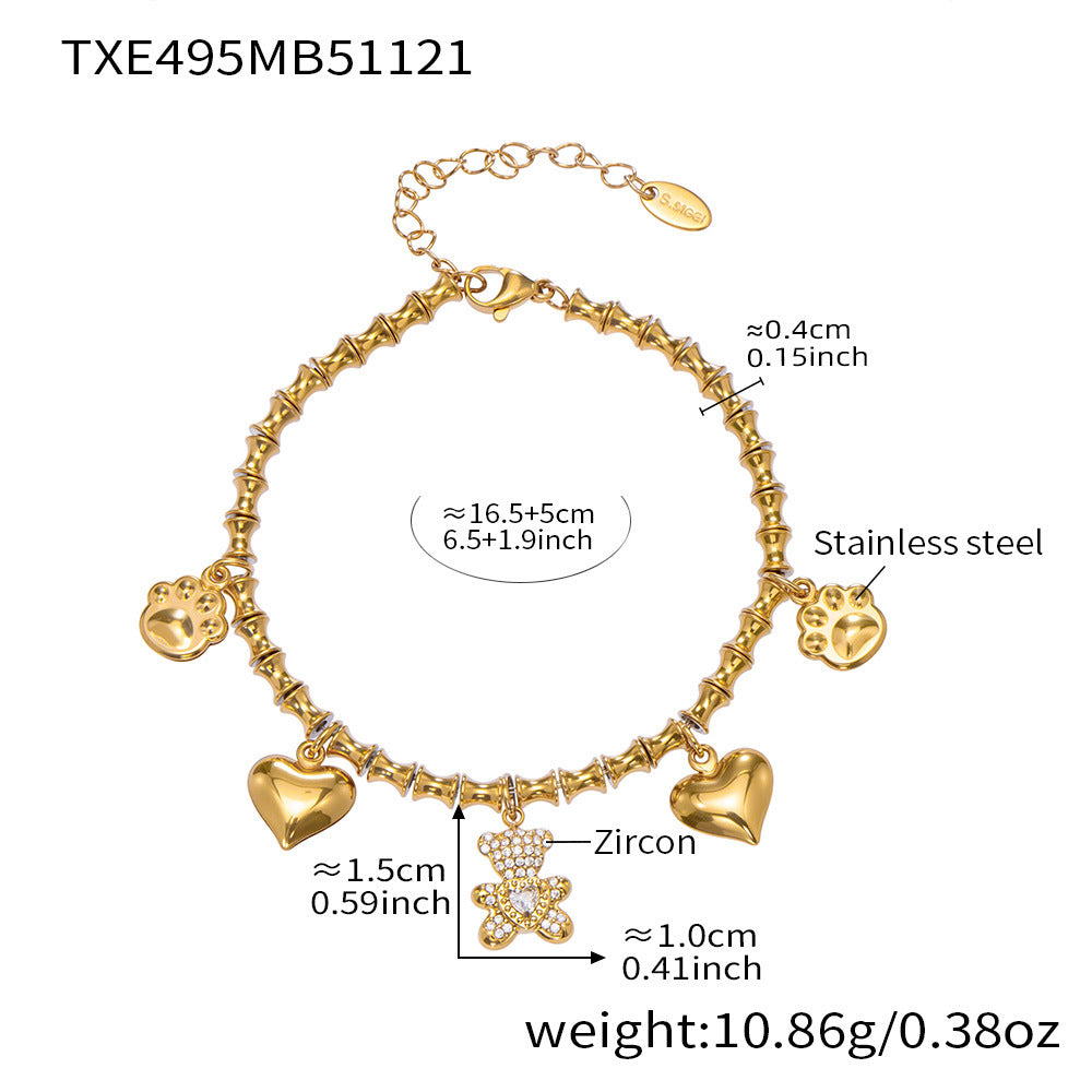 316L Stainless Steel PVD Gold Plated Zircon Bear Heart Pendant Bamboo Chain Jewelry Set - Image 7