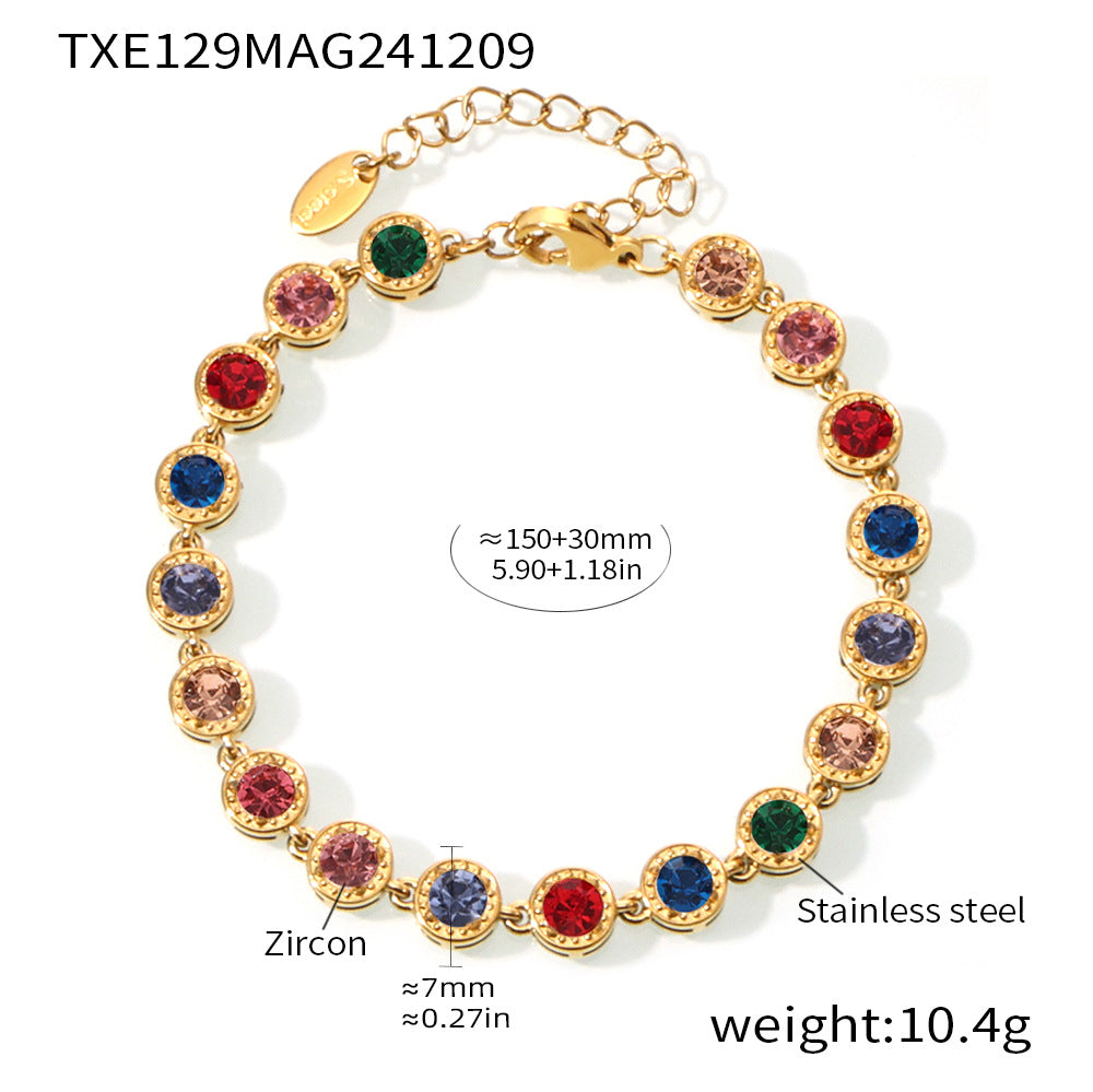 316L stainless steel PVD Plated Rainbow 3A Zircon Paved Bracelet & Necklace Collection flat lay display for wholesale necklace buyers