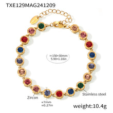 316L stainless steel PVD Plated Rainbow 3A Zircon Paved Bracelet & Necklace Collection flat lay display for wholesale necklace buyers