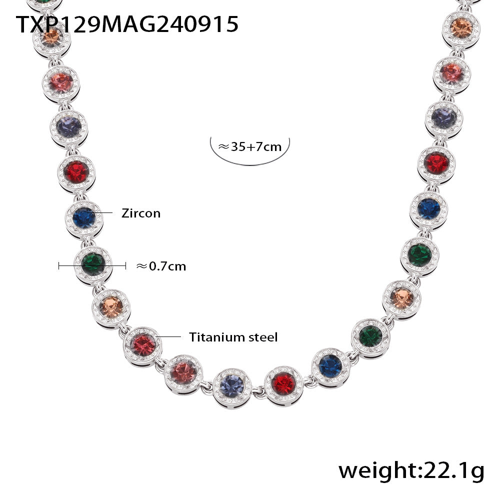 316L stainless steel PVD Plated Rainbow 3A Zircon Paved Bracelet & Necklace Collection boutique merchandising view for wholesale necklace buyers