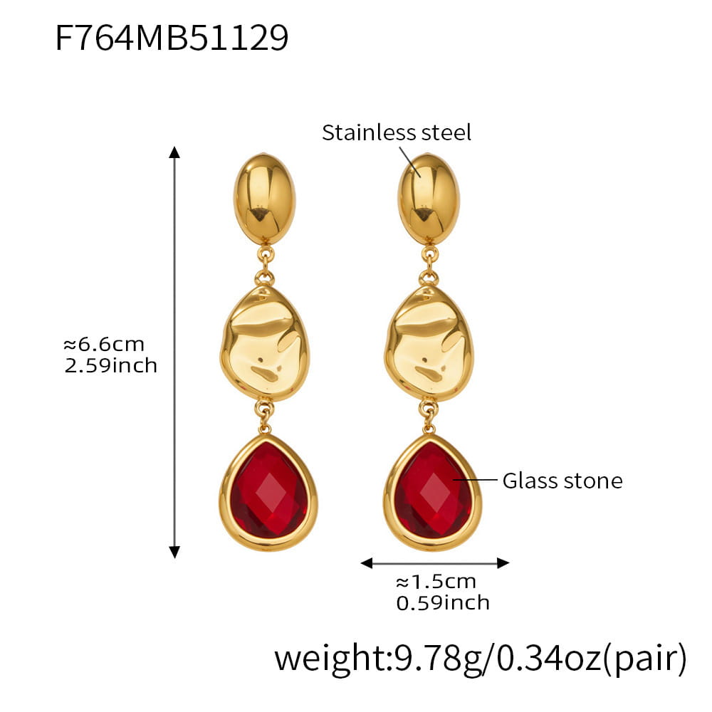 Red Czech glass teardrop earrings in 316L stainless steel with 18K PVD gold plating wholesale