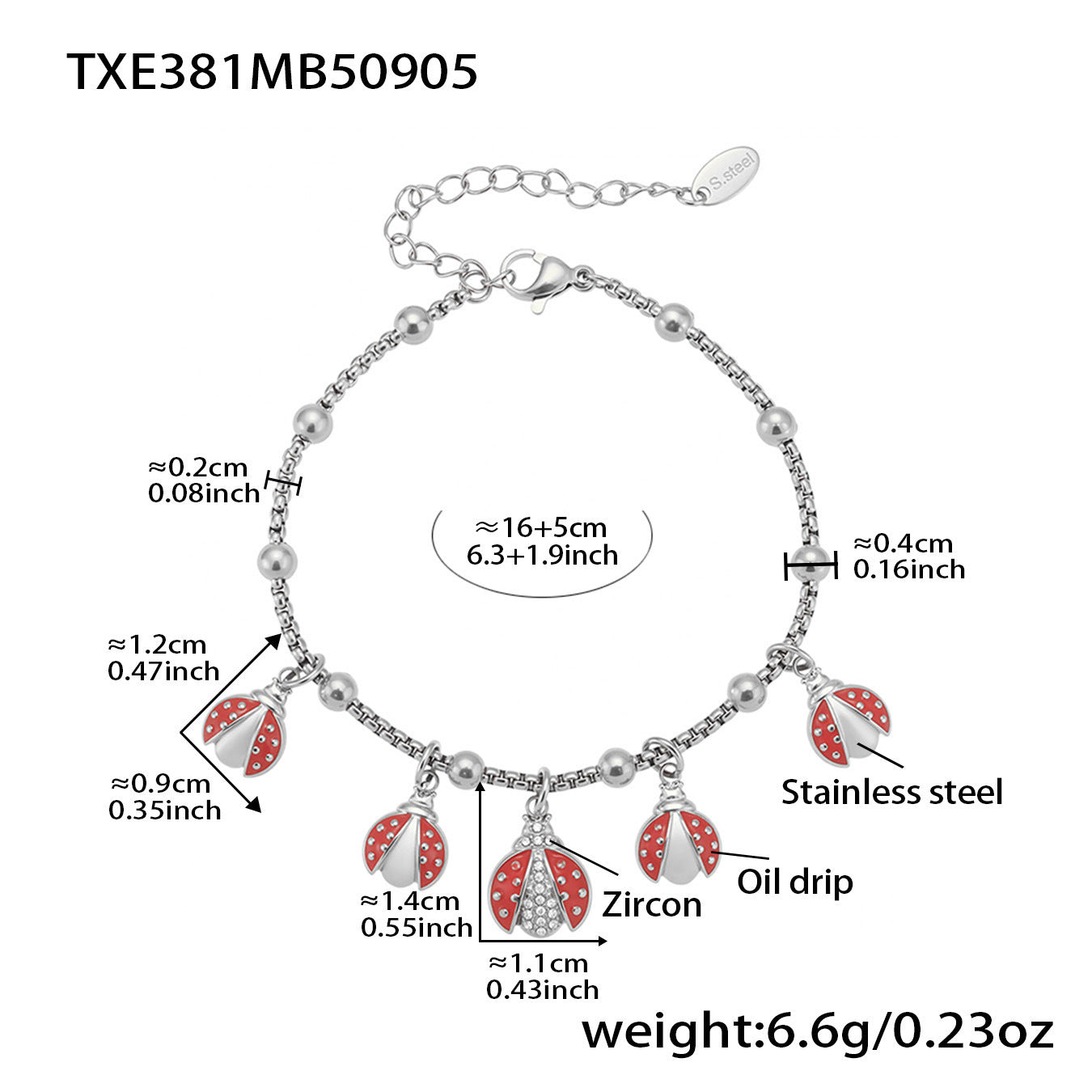 316L Stainless Steel Red Enamel Zircon Beetle Multi-Charm Necklace & Bracelet Set - Image 13