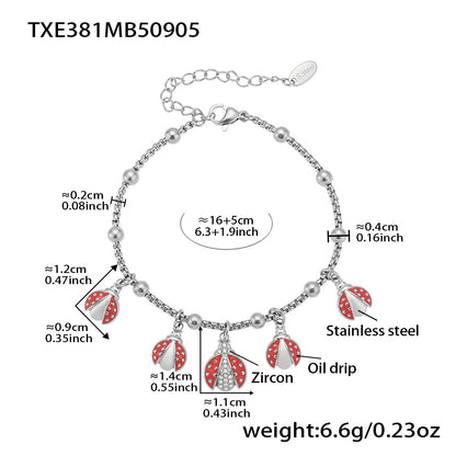 316L Stainless Steel Red Enamel Zircon Beetle Multi-Charm Necklace & Bracelet Set - Image 13